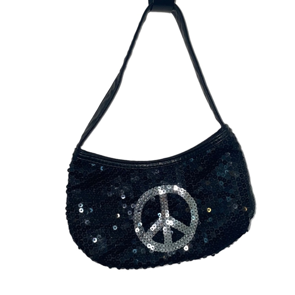 Small Black Satin Purse with Sequins and Peace Symbol